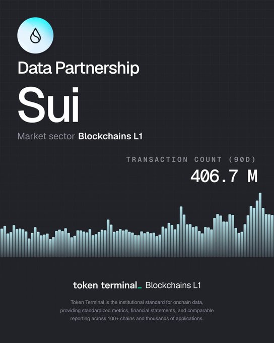 A Token Terminal infographic for 'Data Partnership Sui' in the Blockchains L1 market sector, showing a transaction count of 406.7M over 90 days with a bar chart visualization.