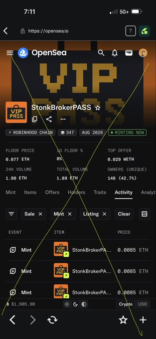 OpenSea mobile screenshot of 'StonkBrokerPASS' NFT collection (Robinhood Chain, August 2026 minting), showing 24h volume 1.98 ETH, floor 0.077 ETH, 148 holders, and recent Mint transactions at 0.0085 ETH.