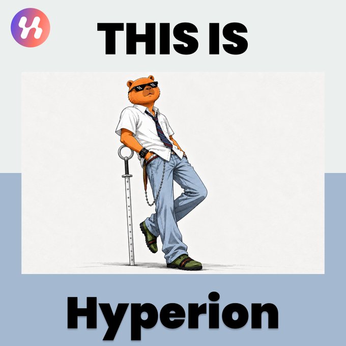 A graphic titled 'THIS IS Hyperion' featuring an illustration of an anthropomorphic bear wearing sunglasses, a white shirt, and jeans, leaning against a staff.