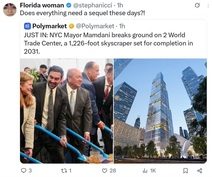 The image shows a tweet from @stephanicci joking "Does everything need a sequel these days?!" in response to a Polymarket post about NYC Mayor Mamdani breaking ground on a 1,226-foot "2 World Trade Center" skyscraper slated for 2031 completion, featuring photos of officials with shovels and a rendering of the tower. The post's "sequel" joke plays on the building's name being a follow-up to the original World Trade Center, while the "smolchained" reference humorously frames the groundbreaking ceremony as a small but chainable event in NYC's rebuilding saga.