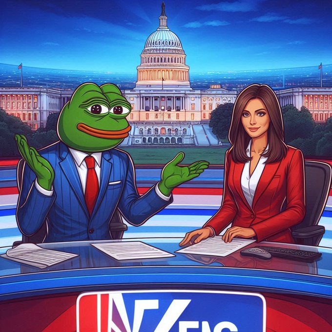 A cartoon-style illustration depicting a green frog character in a blue suit and red tie sitting next to a female news anchor in a red blazer at a news desk, with the U.S. Capitol building in the background and a partial "NEWS" logo at the bottom.