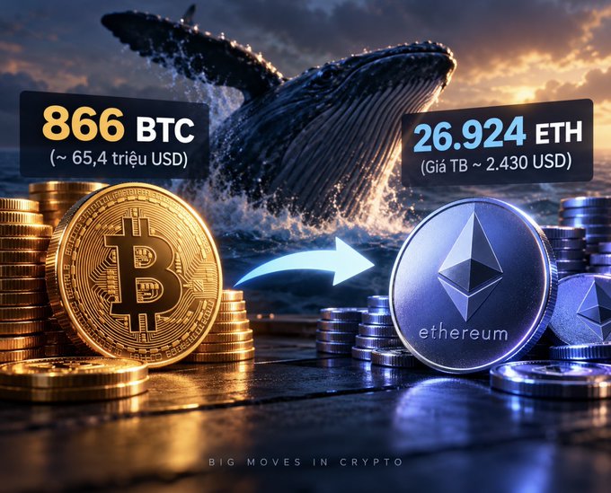 A cryptocurrency graphic showing a whale breaching in the background with text '866 BTC (~ 65.4 triệu USD)' converting to '26.924 ETH' with an arrow pointing from a gold Bitcoin coin to a silver Ethereum coin, captioned 'BIG MOVES IN CRYPTO'.