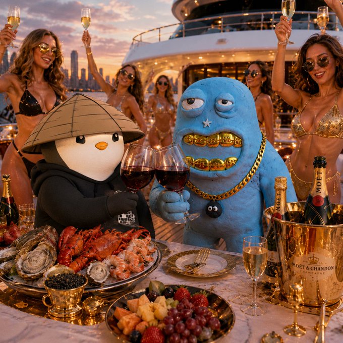 A whimsical scene featuring plush toy characters (a penguin in a conical hat and a blue monster with gold teeth) toasting with wine glasses on a yacht, surrounded by women in bikinis, champagne buckets, and a seafood platter.