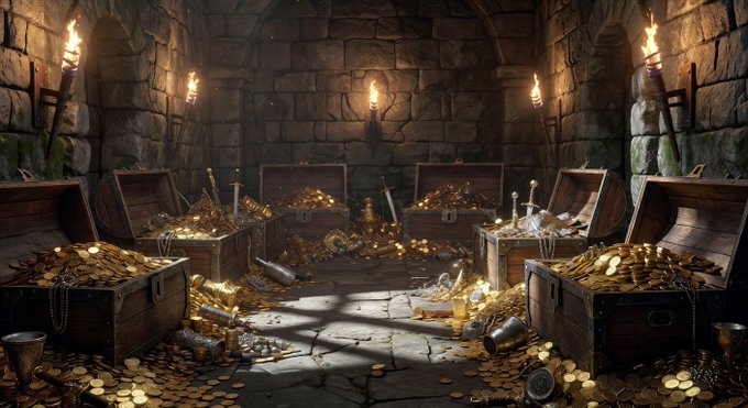 An illustrated stone chamber illuminated by wall torches, filled with open wooden chests overflowing with gold coins, goblets, and jewelry.
