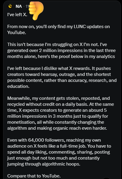 A post announces the creator has left X and will only post LUNC updates on YouTube. The accompanying post criticizes those betting on HCC and urges them to redelegate to #GreenpeaceUNITED, suggesting the creator's departure from X and YouTube means they won't help when LUNC reaches $0.01.