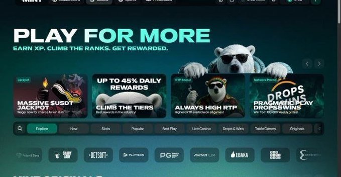 A digital interface displays the heading 'PLAY FOR MORE' with the subtext 'EARN XP, CLIMB THE RANKS, GET REWARDED,' featuring promotional banners including 'MASSIVE $USD JACKPOT,' 'UP TO 45% DAILY REWARDS,' 'ALWAYS HIGH RTP,' and 'DROPS & WINS,' with a polar bear mascot.