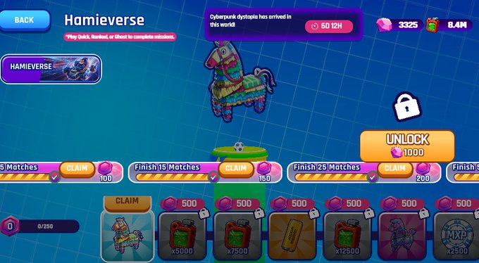 A mobile game screen titled 'Hamieverse' showing a cyberpunk piñata horse character called 'Cyberpunk dystopia' with various unlock rewards, claim buttons, and in-game currencies (3325 gems, 8.4M coins).