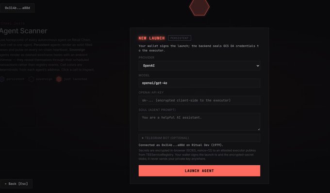 A dark-themed terminal interface for an "Agent Scanner" displays a "NEW LAUNCH" panel configured with the OpenAI provider, "openai/gpt-4o" model, and a Soul Prompt reading "You are a helpful AI assistant." The bottom shows wallet address "0x314b...a8dd" connected on Ritual Dev, linking to the keyword "Ritual" mentioned in the post.