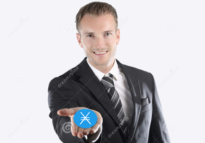A smiling businessman in a dark suit and tie extends his hand toward the viewer, presenting a blue circular icon with a white currency symbol.