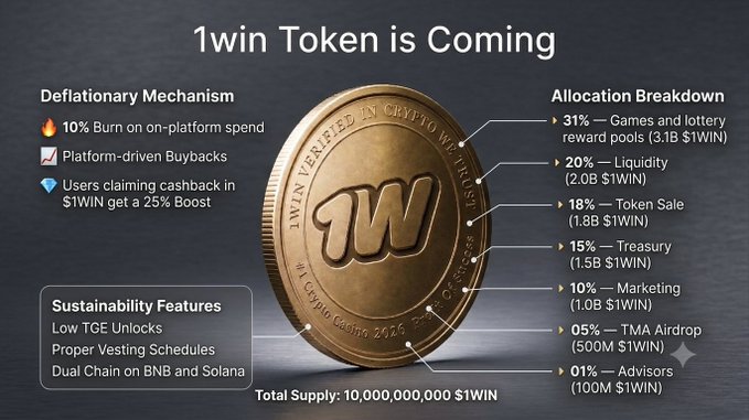 A promotional graphic announcing the upcoming "1win Token ($1WIN)" features a golden coin and outlines its tokenomics, including a deflationary mechanism with a 10% burn and a 25% cashback boost, alongside an allocation breakdown totaling 10 billion $1WIN distributed across games, liquidity, token sales, treasury, marketing, TMA airdrop, and advisors. The image reinforces the post's emphasis on $1WIN being backed by an existing product, as it highlights sustainability features and an established 2016 founding date.