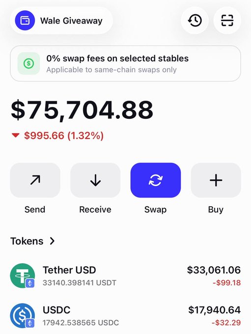 This image shows a crypto wallet interface for "Wale Giveaway" displaying a total portfolio balance of $75,704.88, which is down $995.66 (1.32%) for the day, with holdings including $33,061.06 in Tether USD (USDT) and $17,940.64 in USDC.

The image appears to be used as social proof in a giveaway scam post claiming "$5500 is a lot of money," with the wallet shown as supposed evidence of the poster's crypto wealth. This is a common tactic in giveaway scams: displaying a wallet balance to create false legitimacy and lure victims into replying, ultimately leading to phishing attempts via DMs, crypto-draining schemes, or requests for "verification fees" to claim nonexistent prizes.