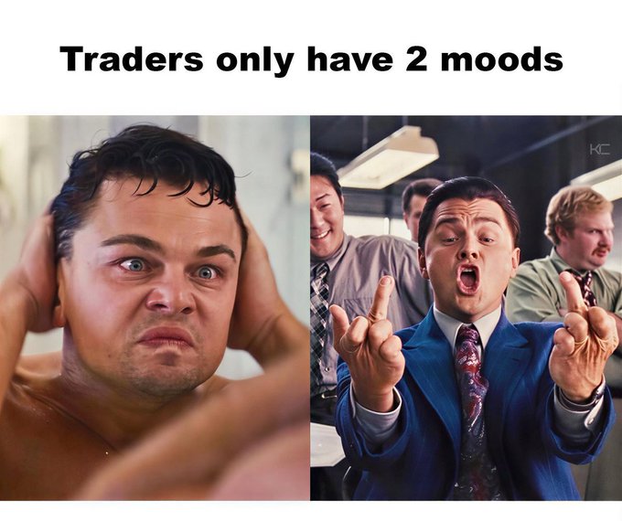 A meme titled "Traders only have 2 moods" featuring Leonardo DiCaprio covering his ears on the left and Jordan Belfort raising his middle fingers on the right.
