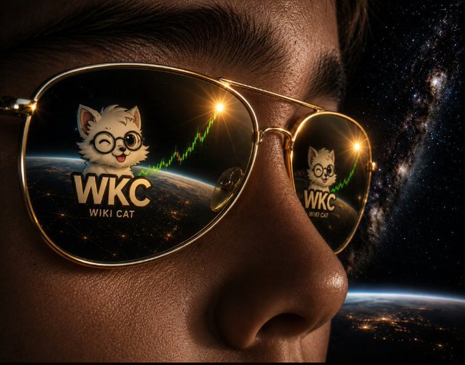 A close-up of a person wearing gold-framed aviator sunglasses reflects Earth, a starry sky, and a cartoon white cat logo with the text “WKC” and “WIKI CAT,” plus a green upward-trending chart. The reflection visually matches the post’s speculative question about which year the $WKC Wiki Cat token will reach, with “$WKC 2026” through “$WKC 2030” listed as options.