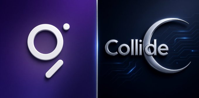 Two side-by-side logos: a stylized white magnifying glass and pen icon on a purple background, and 'Collide' in metallic silver text next to a crescent moon on a dark blue background.