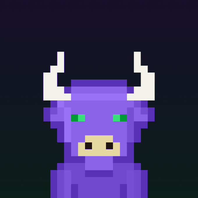 A pixel art image of a purple bull with green eyes and white horns against a dark background. The bull symbolizes a bullish NFT market, aligning with the post's declaration that "NFTs are back."