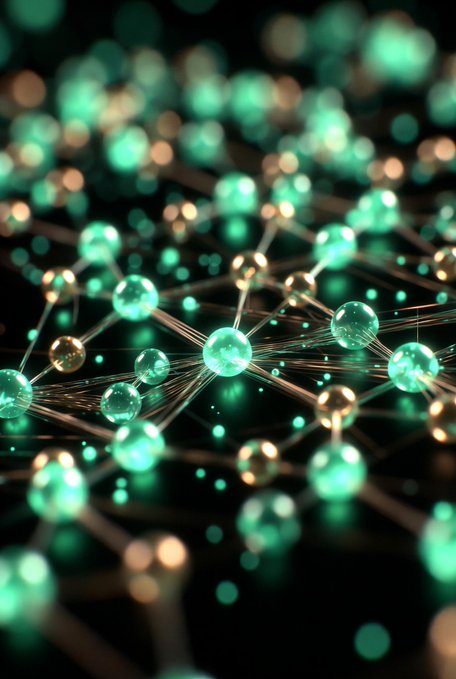 An abstract 3D rendering of a glowing network with teal and golden spherical nodes connected by luminous lines against a dark background.
