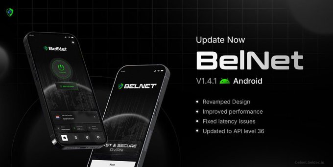 Promotional banner for BelNet V1.4 Android update, featuring two smartphones displaying the app interface against a dark background, with text listing updates: 'Revamped Design, Improved performance, Fixed latency issues, Updated to API level 36.'