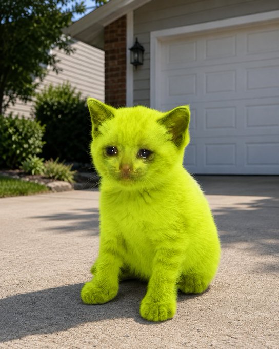 A digitally altered or AI-generated image shows a bright neon-yellow kitten sitting on a concrete driveway in front of a residential garage door, with the unusual coloring applied to its fur.