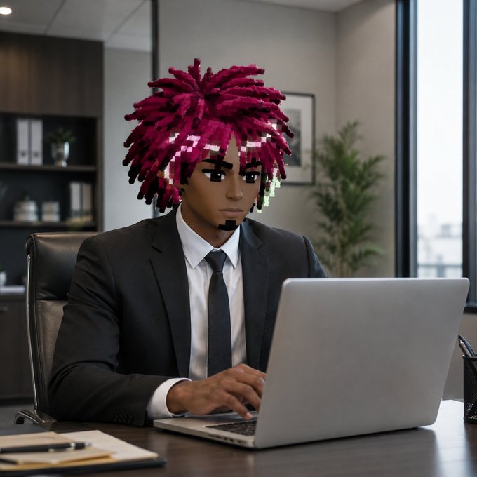 A Minecraft-style pixelated character with magenta dreadlocks, wearing a black suit and tie, types on a laptop while sitting in an office.