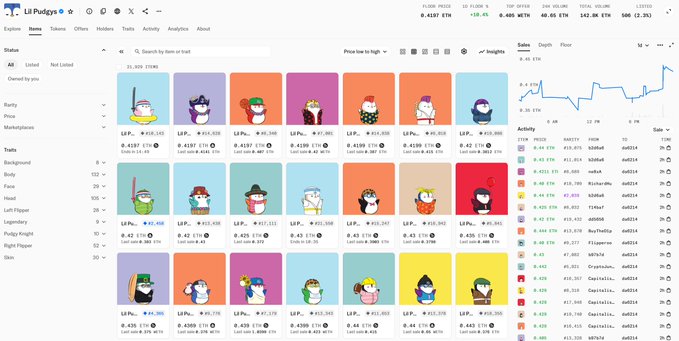 A Lil Pudge NFT collection marketplace page displays various colorful cartoon character NFTs with their prices, ranks, and trading metrics on a dark theme interface.