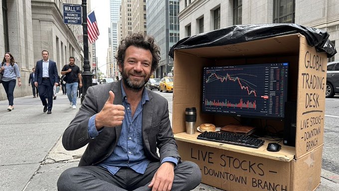 A smiling man in a gray blazer gives a thumbs-up beside a cardboard box converted into a 'GLOBAL TRADING DESK - LIVE STOCKS - DOWNTOWN BRANCH' on Wall Street, complete with a monitor showing stock charts.