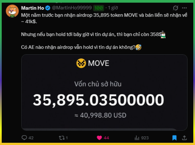 A screenshot of a tweet by Martin Ho (@MartinHo99999) in Vietnamese discussing a MOVE token airdrop, displaying a portfolio balance of 35,895.03500000 tokens (approximately 40,998.80 USD).