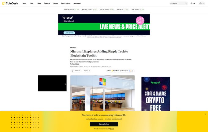 A screenshot of a CoinDesk Markets article titled "Microsoft Explores Adding Ripple Tech to Blockchain Toolkit," published December 9, 2024, by Nikhilesh De, about Microsoft's plans to integrate Ripple's Interledger protocol into its blockchain tool offerings. The page displays crypto ticker prices (COINDESK at $11,694.08), a Microsoft Store advertisement banner, and a paywall notice indicating 2 articles remaining for the month.