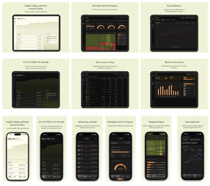 A grid of six iPad and iPhone mockups showcases the "Wealthfolio" finance-tracking app's features—including portfolio growth charts, investment holdings, asset allocation, income tracking, and real-time market heatmaps—with headlines like "Track Real Returns," "Grow Your Wealth," and "Beautiful, Simple and Private." The post highlights the app as an open-source, privacy-focused, local-first tool for managing personal finances, and the image visually reinforces those selling points by displaying its clean, dark-themed interface across multiple device formats.