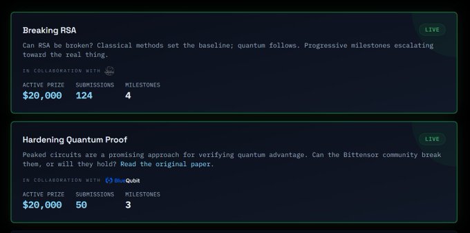 A dark-themed dashboard displaying two cryptocurrency or research challenges: 'Breaking RSA' with $20,000 prize and 124 submissions, and 'Hardening Quantum Proof' in collaboration with BlueQubit, also with $20,000 prize and 50 submissions.