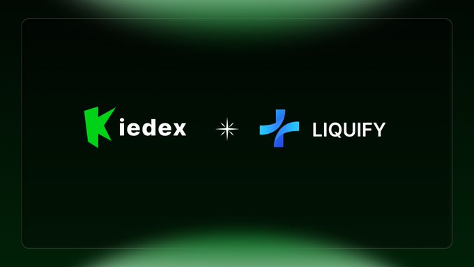 The image displays a partnership announcement graphic featuring the Kiedex logo (green "K") alongside the Liquify logo (blue cross-like symbol with "LIQUIFY" text), separated by an asterisk, set against a dark background with subtle green lighting effects—visually representing the collaboration between the two Web3 platforms.