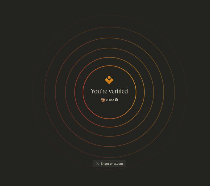 A dark screen with orange concentric circles displaying the text 'You're verified' for xFuse alongside a Share on X.com button.