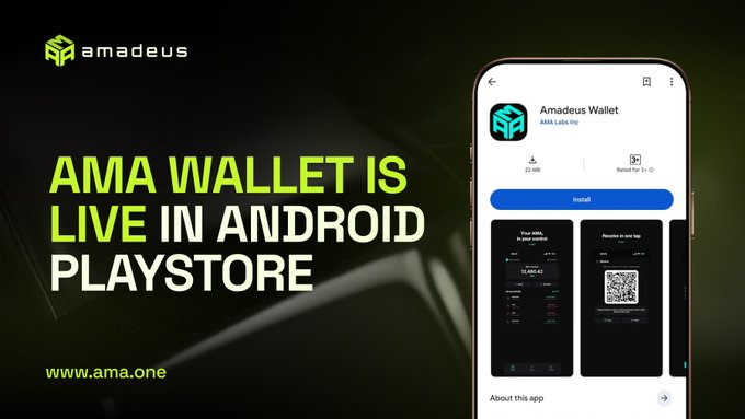 A promotional graphic features the Amadeus logo and text 'AMA WALLET IS LIVE IN ANDROID PLAYSTORE' alongside a smartphone showing the Amadeus Wallet app installation page.