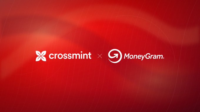 The image features a red background with white text that reads "Crossmint x MoneyGram". The text is positioned above and below each other, creating an overlapping effect. This design choice emphasizes the connection between the two companies, suggesting they are working together in some way or complementing each other's services.