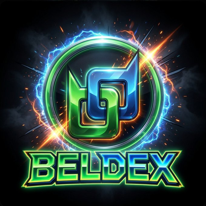 A logo for 'BELDEX' featuring stylized green and blue lettering encircled by a glowing ring, set against a dark background with electric blue lightning effects.