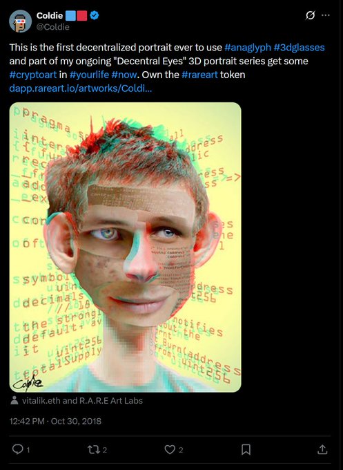The image shows a tweet by @Coldie from October 30, 2018, featuring his "Decentral Eyes" 3D portrait series—a glitchy, red/cyan anaglyph 3D rendering of a man against a yellow background overlaid with programming code. The post promotes the artwork using hashtags #anaglyph, #3dglasses, and the #rareart token, advertising it on dapp.rareart.io and crediting vitalik.eth and R.A.R.E Art Labs. This relates to the accompanying context as it documents Coldie's first mint in 2018—specifically the Vitalik Buterin portrait from the "Decentral Eyes" series—that received no traction on X and was later burned in protest of the platform's 40% sales fee.