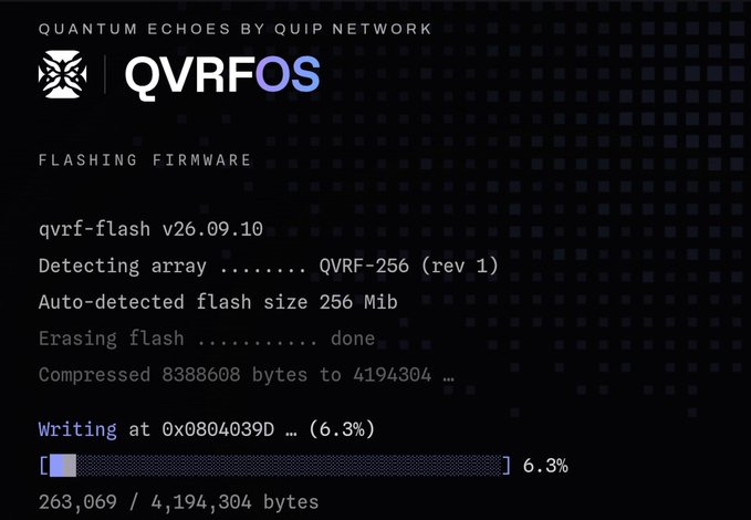 A computer terminal screen displays 'QUANTUM ECHOES BY QUIP NETWORK' and a firmware flashing progress for 'QVRF-OS' v26.09.10, showing a progress bar at 6.3% with 263,069 of 4,194,304 bytes written.