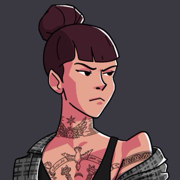 A digital illustration of a stern woman with a top bun, neck tattoos, and a chest tattoo featuring a bird and floral designs, wearing a dark top, serving as a stylized avatar for the Nuts of Fortune gaming promotion.