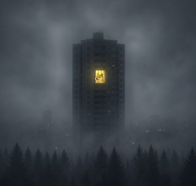 A dark, atmospheric illustration of a tall apartment building shrouded in thick fog, with a single window illuminated in warm yellow light showing a silhouette inside.
