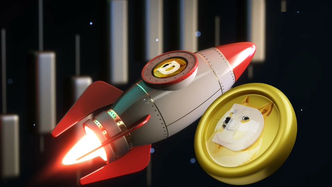 A digital rendering of a rocket with Dogecoin (DOGE) and Doge coin icons flying through space with vertical bars in the background.