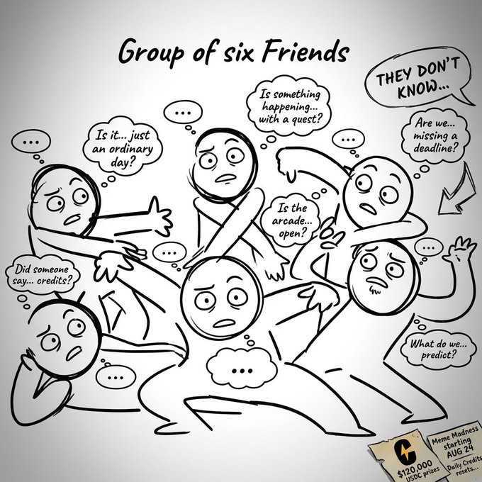 A humorous hand-drawn illustration titled "Group of six Friends" depicting confused cartoon characters wondering about "credits," "Is something happening... with a quest?," "THEY DON'T KNOW," "Are we... missing a deadline?," and "What do we... predict?" with a Meme Madness badge showing $120,000 USDC prizes starting AUG 24.