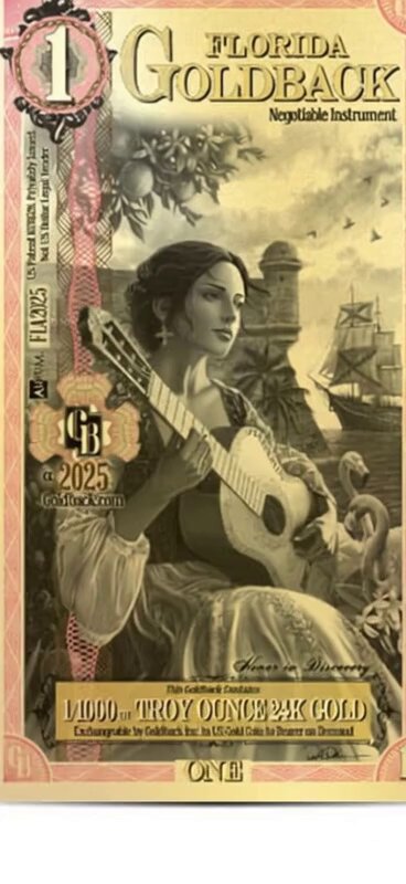 The image features a gold coin with an illustration of a woman playing a guitar, surrounded by various objects such as ships and birds. The text on the coin reads "Floreida Goldback", which suggests that this coin might be related to the Florida Goldback, possibly indicating its value or origin. The post about paying for living on earth at alludes to the idea of money being used as a means to acquire material possessions, including the gold coin in question.