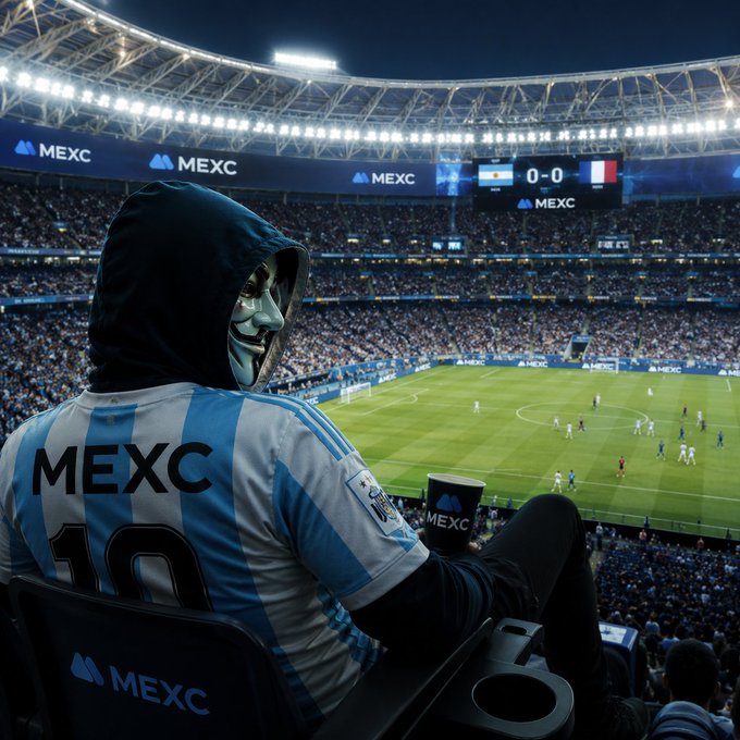 A hooded figure wearing a Guy Fawkes mask and an Argentina-style jersey with 'MEXC' and number '10' sits watching a football match in a large stadium with 'MEXC' branding on screens and hoardings.