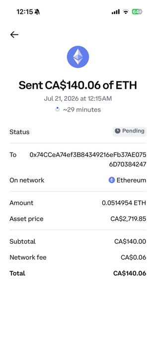 A Coinbase transaction confirmation showing CA$140.06 worth of ETH (0.0514954 ETH) sent to address 0x74CCeA74eF3B84349216eFb37AE0756D70384247, pending on the Ethereum network with a ~29 minute wait time—serving as proof of payment to the giveaway winners announced in the post.