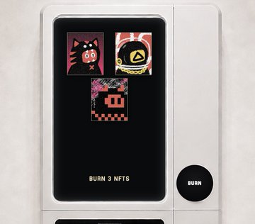 A digital interface showing three pixel-art NFT designs on a screen with the text 'BURN 3 NFTs' and a 'BURN' button below.