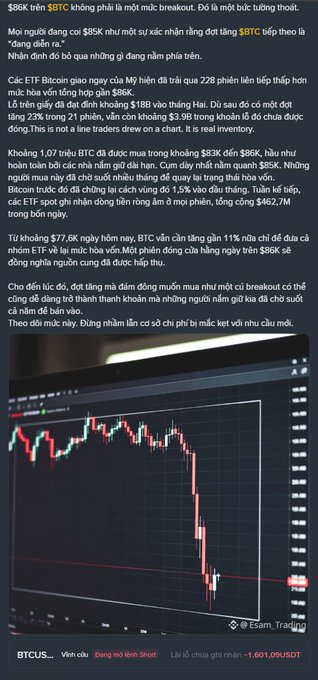 A Vietnamese article about BTC trading around the $86K level, discussing Bitcoin's price breakout, with a chart showing BTC/USD price dropping sharply, sourced from BTCUSDT.