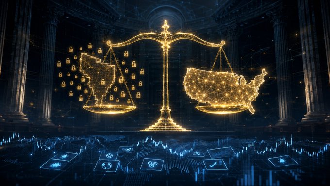 A digital artwork showing a glowing golden scale balancing the outlines of the United States and China, surrounded by lock icons, with stock market charts in the background.