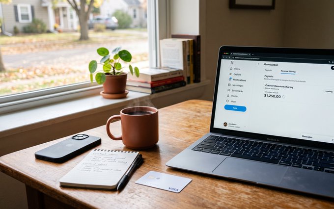 A cozy workspace by a window features a steaming mug of coffee, a potted plant, a notebook with handwritten notes, and a laptop displaying a Monolith dashboard with a $1,250.00 invoice review status.