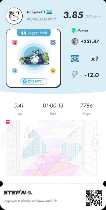 A StepN app screenshot showing a 'Jogger Lv24' sneaker NFT for user 'torigaku01', displaying 5.41 km walked in 01:00:13 with 7786 steps.