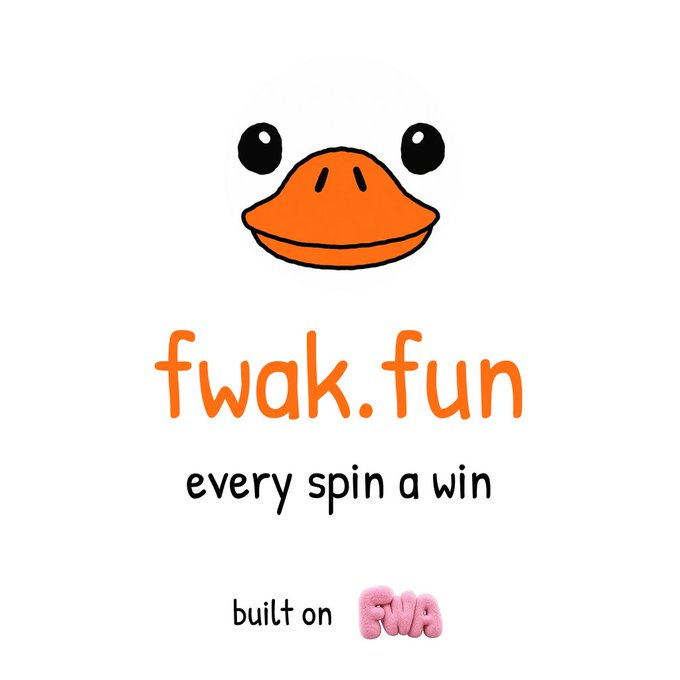 A logo image for 'fwak.fun' with a cartoon frog face, the tagline 'every spin a win,' and a note stating it is 'built on FWAK.'