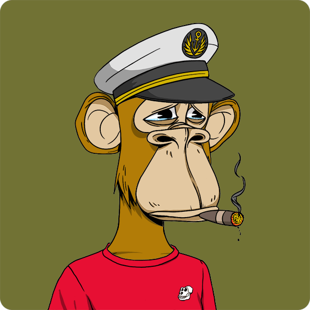 A cartoon illustration of a Bored Ape Yacht Club NFT character wearing a white captain's hat with gold trim, smoking a cigar, and wearing a red shirt with an ape logo pin.